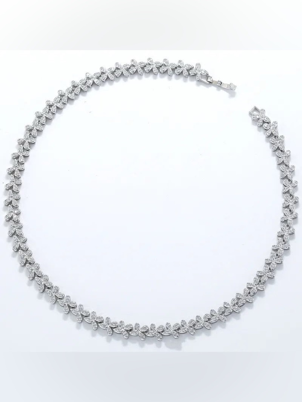 Sparkling Silver Floral Crystal Necklace - Silver